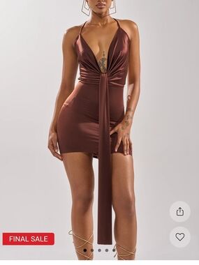 AKIRA Brown Plunge Halter Mini Dress with Front Tie